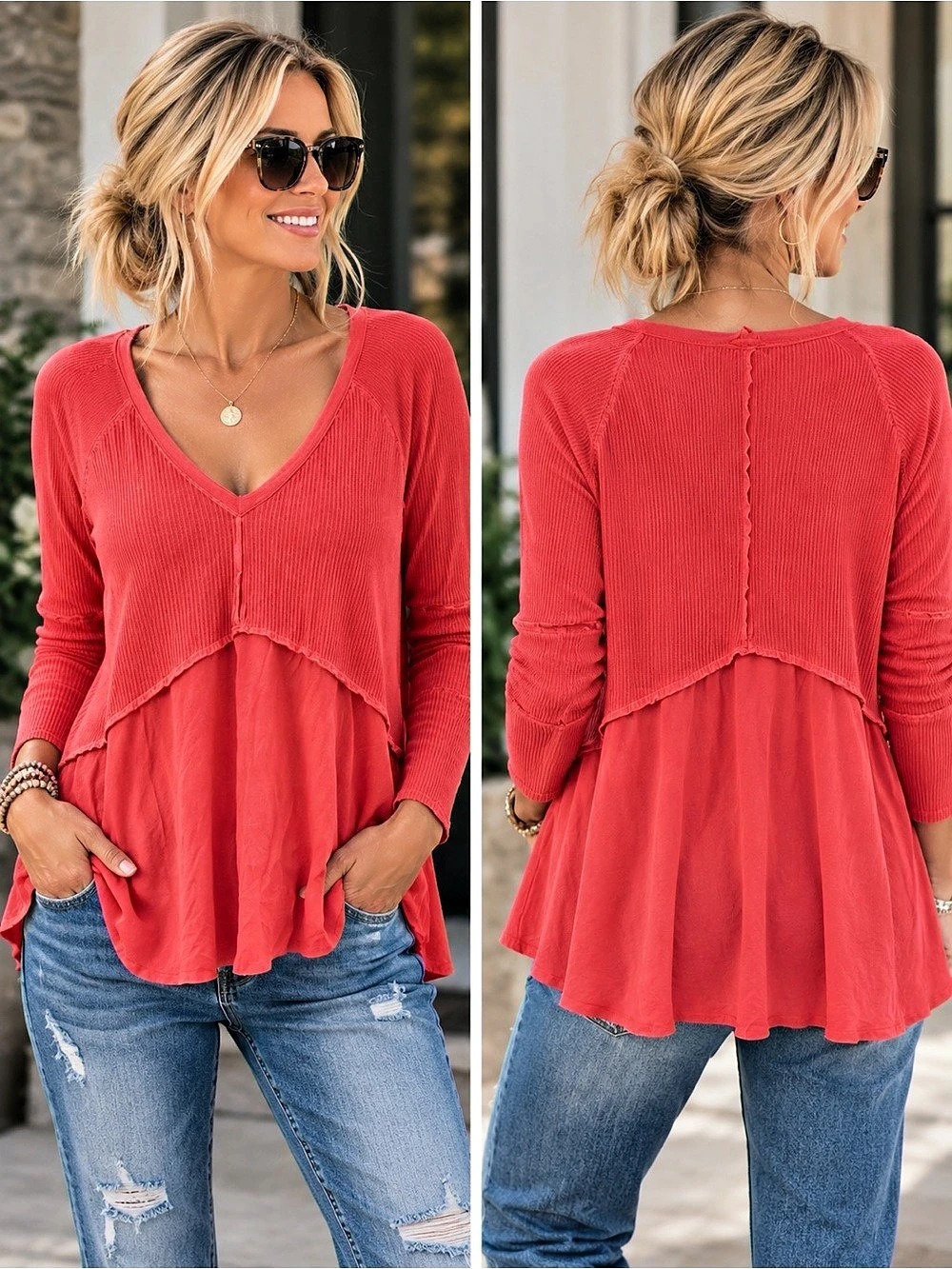 Pol Waffle Knit Mixed Media Raw Edge Tunic Top Pink Small